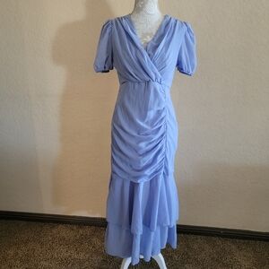 Women's Blue Ruched Ruffle Hem Dress Sz M